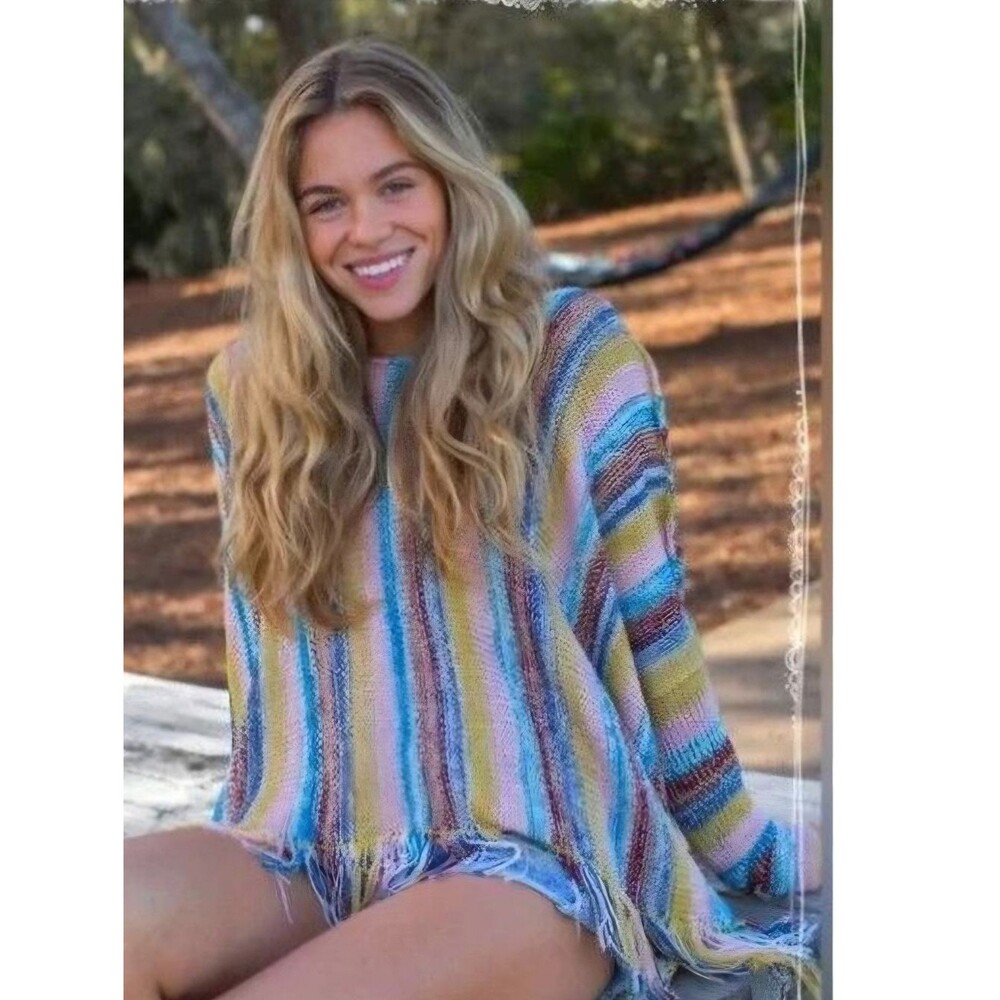 Natural Life | Santa Fe Striped Fringe Loose Knit Poncho Sweater Womens L / XL